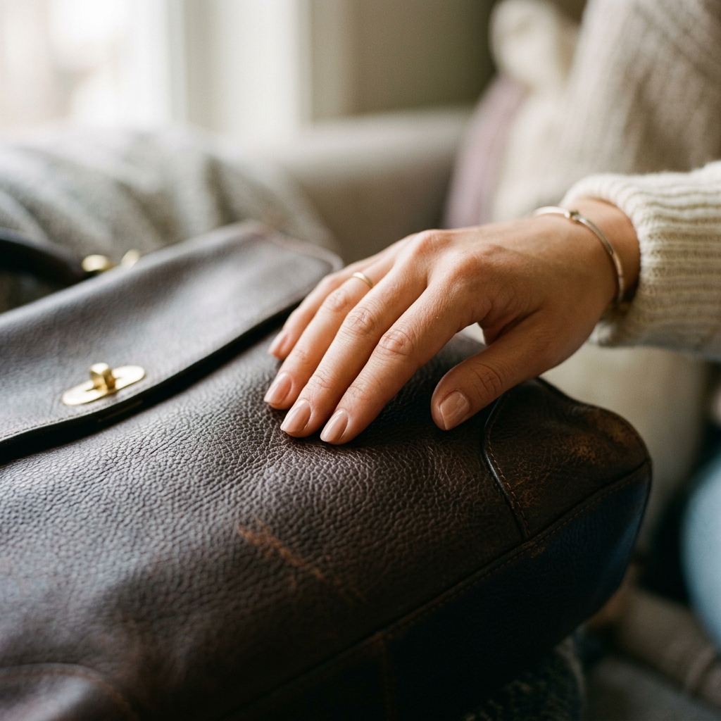 Close-up of a woman's hand touching a genuine leather bag