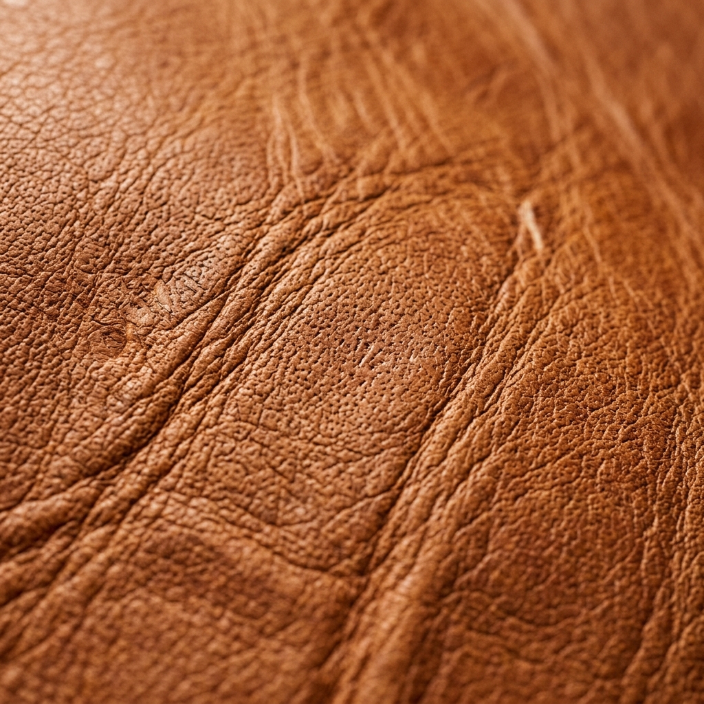 Extreme close-up of full-grain leather texture — natural grain and character