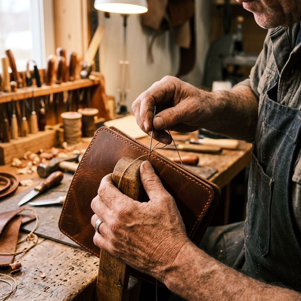 Craftsman's hands stitching leather — limited production, no rushed batches