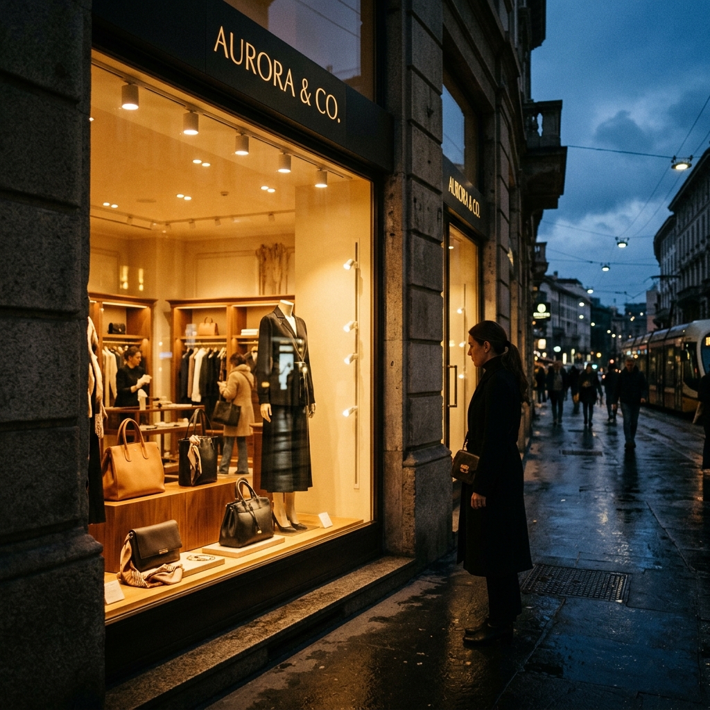 Moody luxury store window at dusk — the moment she put the bag back