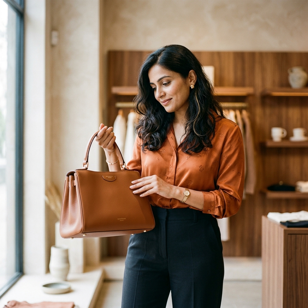 Woman looking thoughtfully at a leather bag — relatable emotional moment