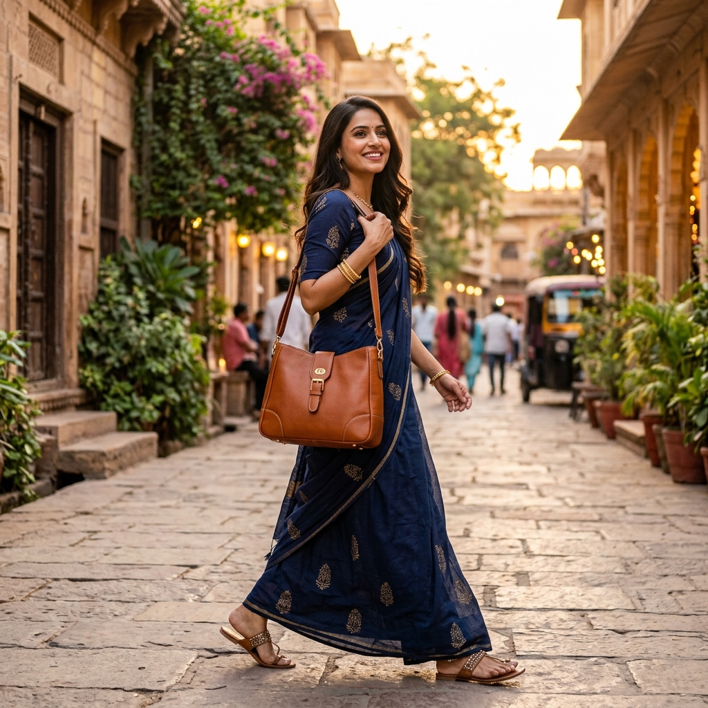 Confident Indian woman walking with her Vintage Hides leather bag