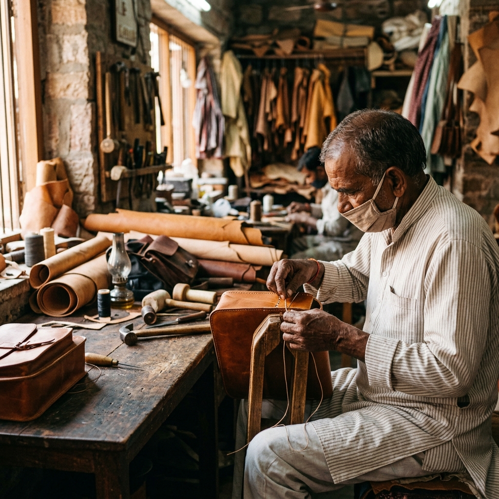Skilled craftsman working in Vaniyambadi leather workshop — behind the scenes